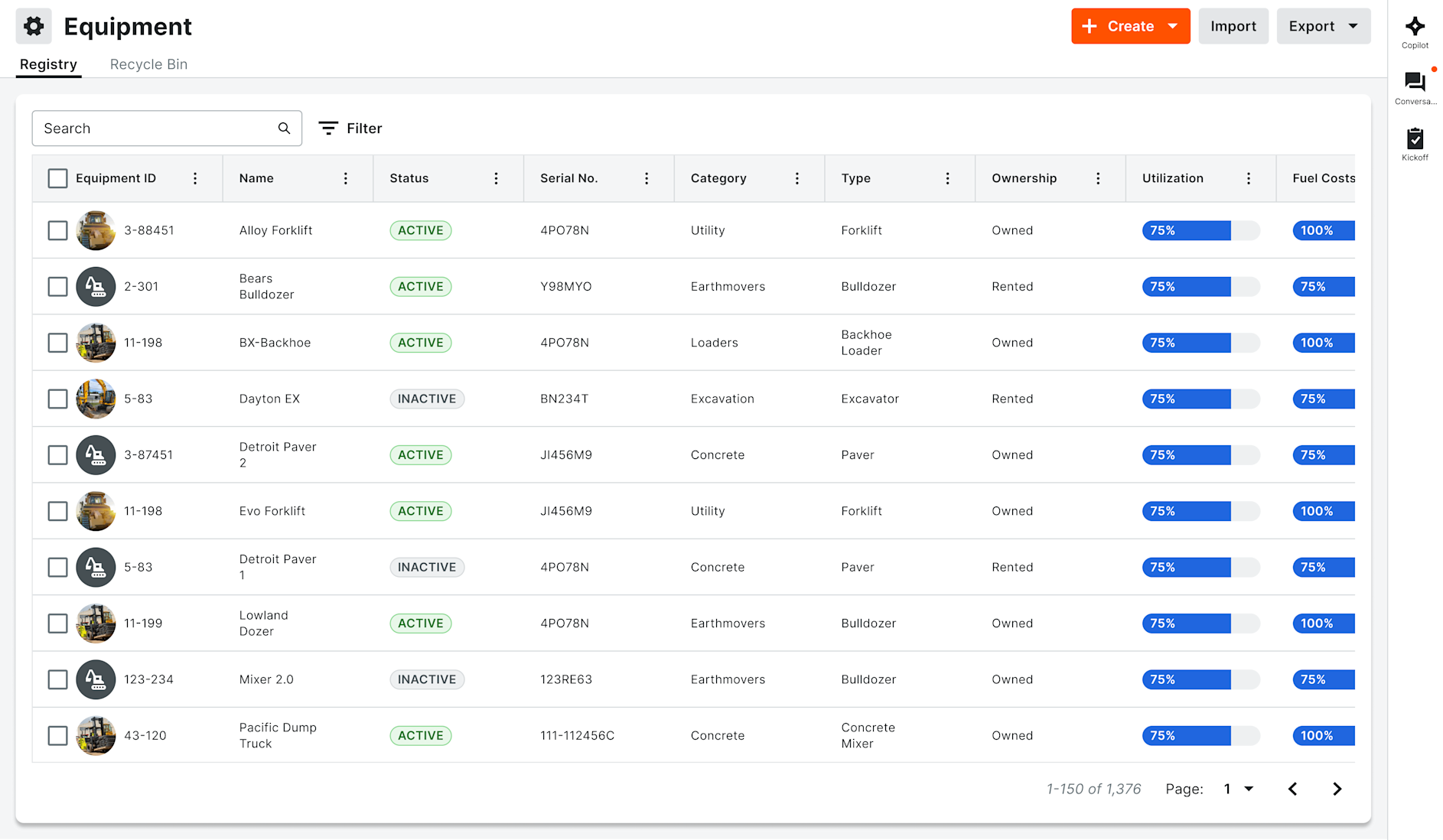 Procore's Equipment product screen